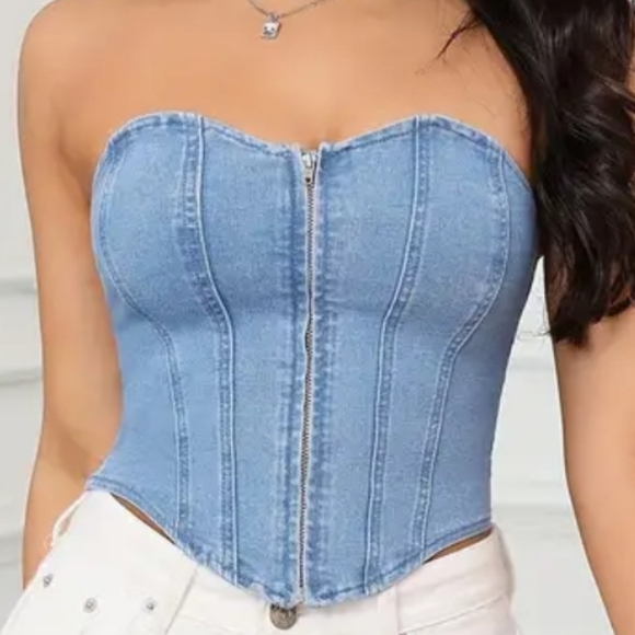Size Xsmall Zip Up Denim Tube Top - Picture 4 of 10